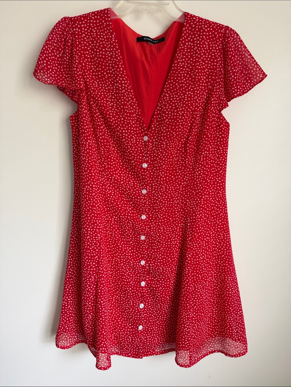 Sugarlips Red and White Polka Dot Button-Front V neck Mini Dress